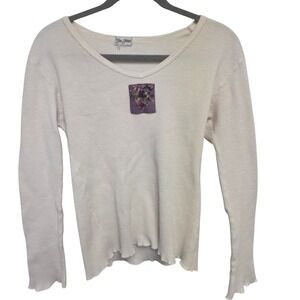 Vintage 90s‎ Y2K White Thermal Long Sleeve Top Embellished Heart Floral Applique